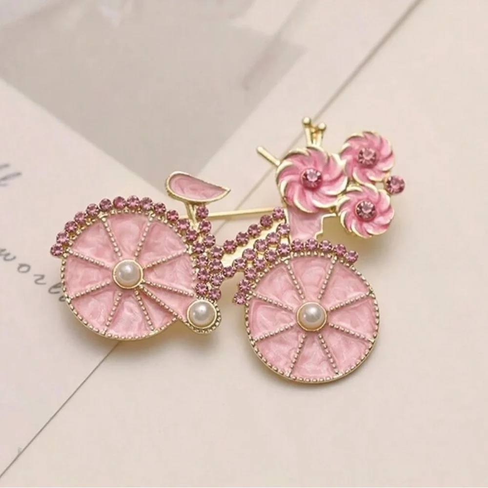 Pink Bicycle Brooch w/ Pearls, Pink Bike Brooch, Spring Brooch, Feminine Brooch